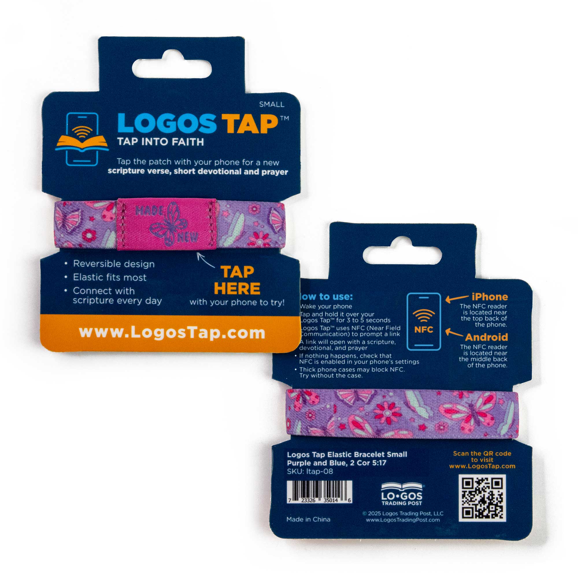 Logos Tap Stretch Bracelet - Small - Purple and Lt Blue - Butterfly, 2 Cor 5:17