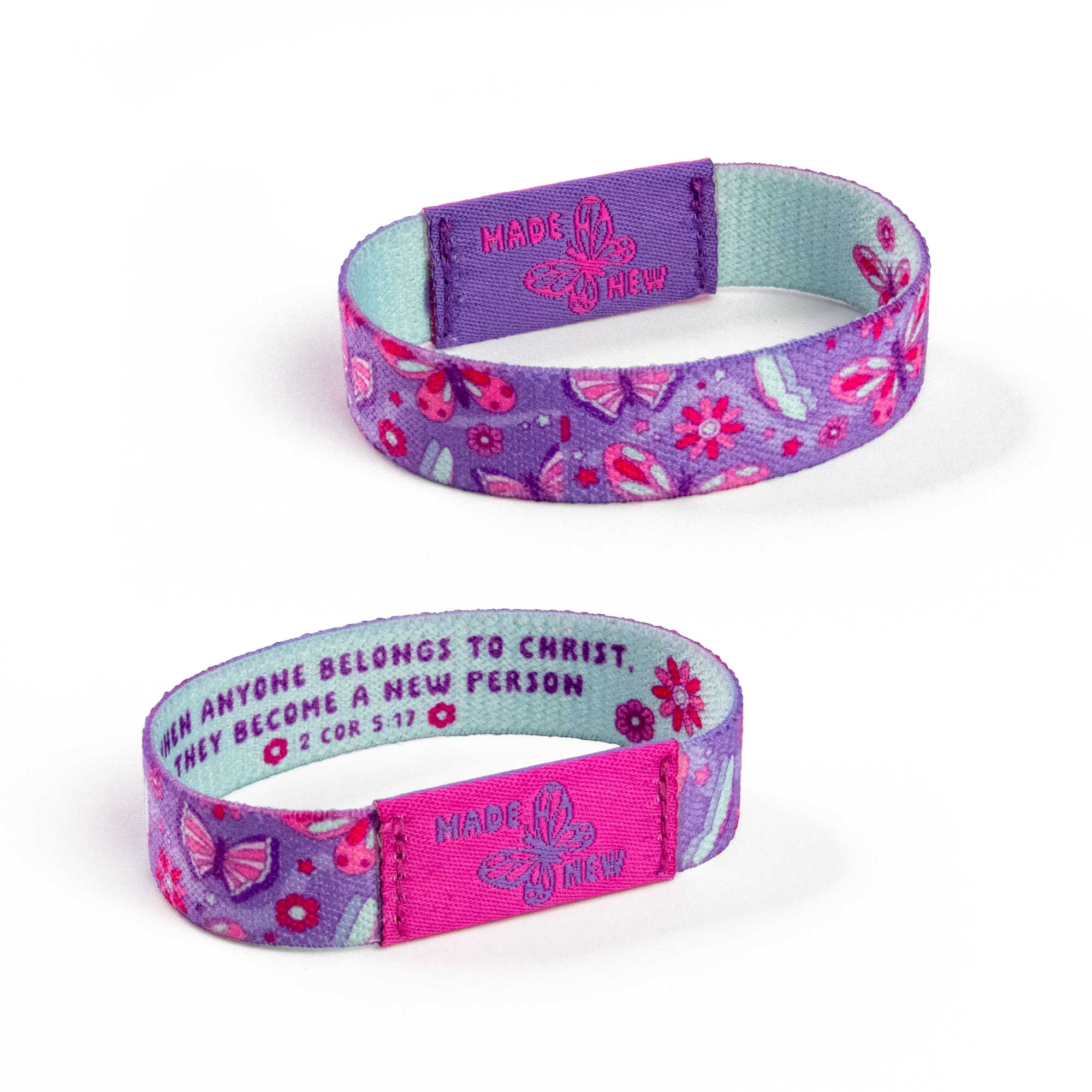 Logos Tap Stretch Bracelet - Small - Purple and Lt Blue - Butterfly, 2 Cor 5:17