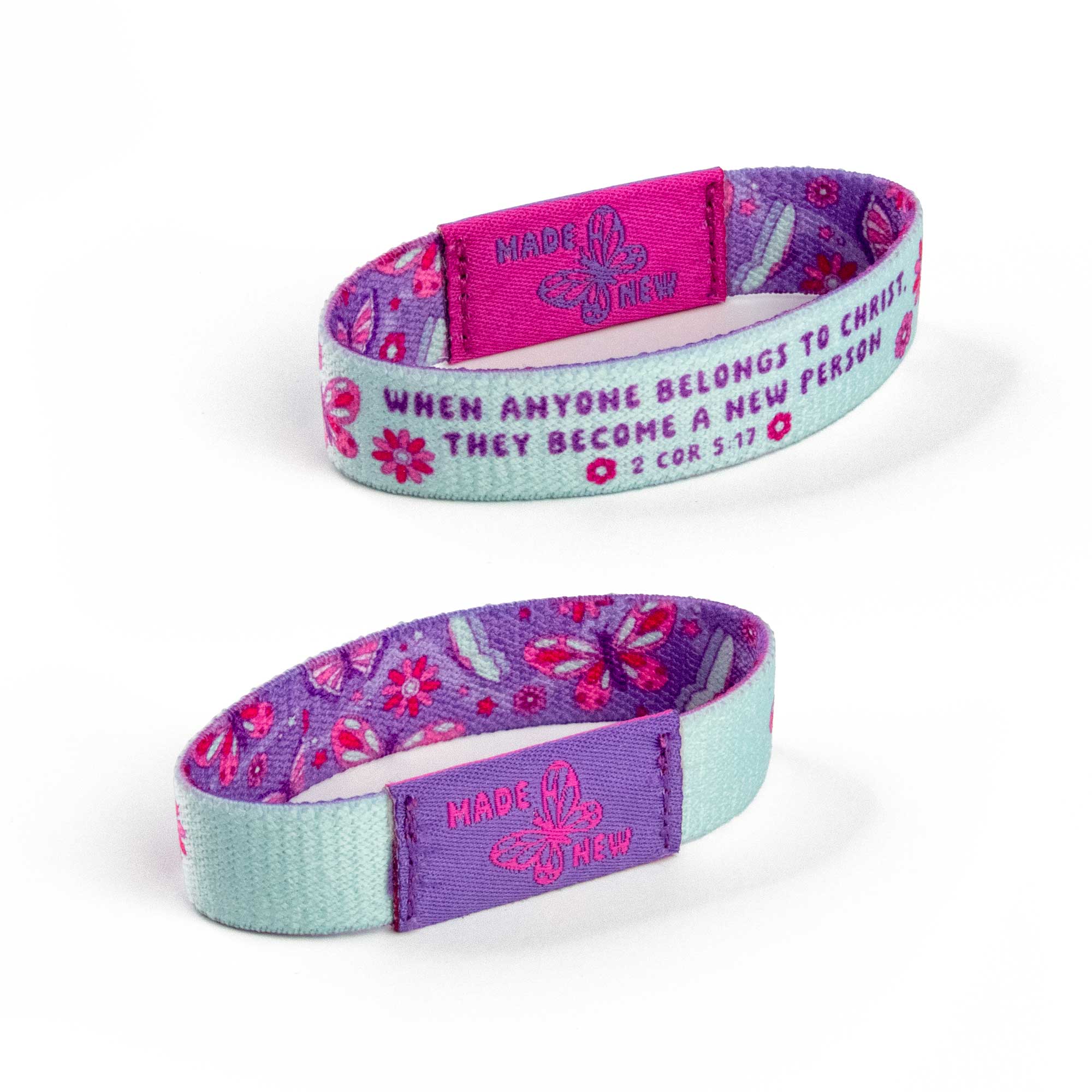 Logos Tap Stretch Bracelet - Small - Purple and Lt Blue - Butterfly, 2 Cor 5:17