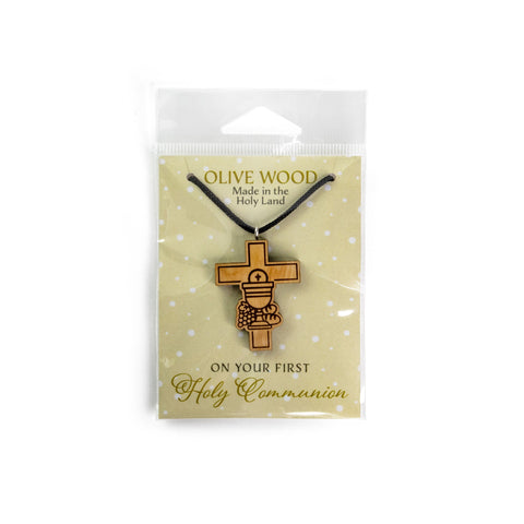 First Communion Cross Olive Wood Pendant Necklace