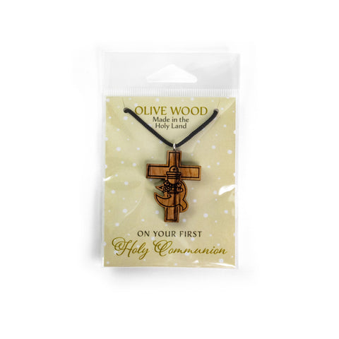 First Communion/Dove Cross Olive Wood Pendant Necklace