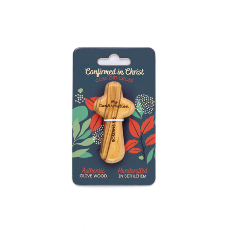 Laser Engraved Olive Wood Comfort Cross, Confirmed in Christ, Romans 5:5