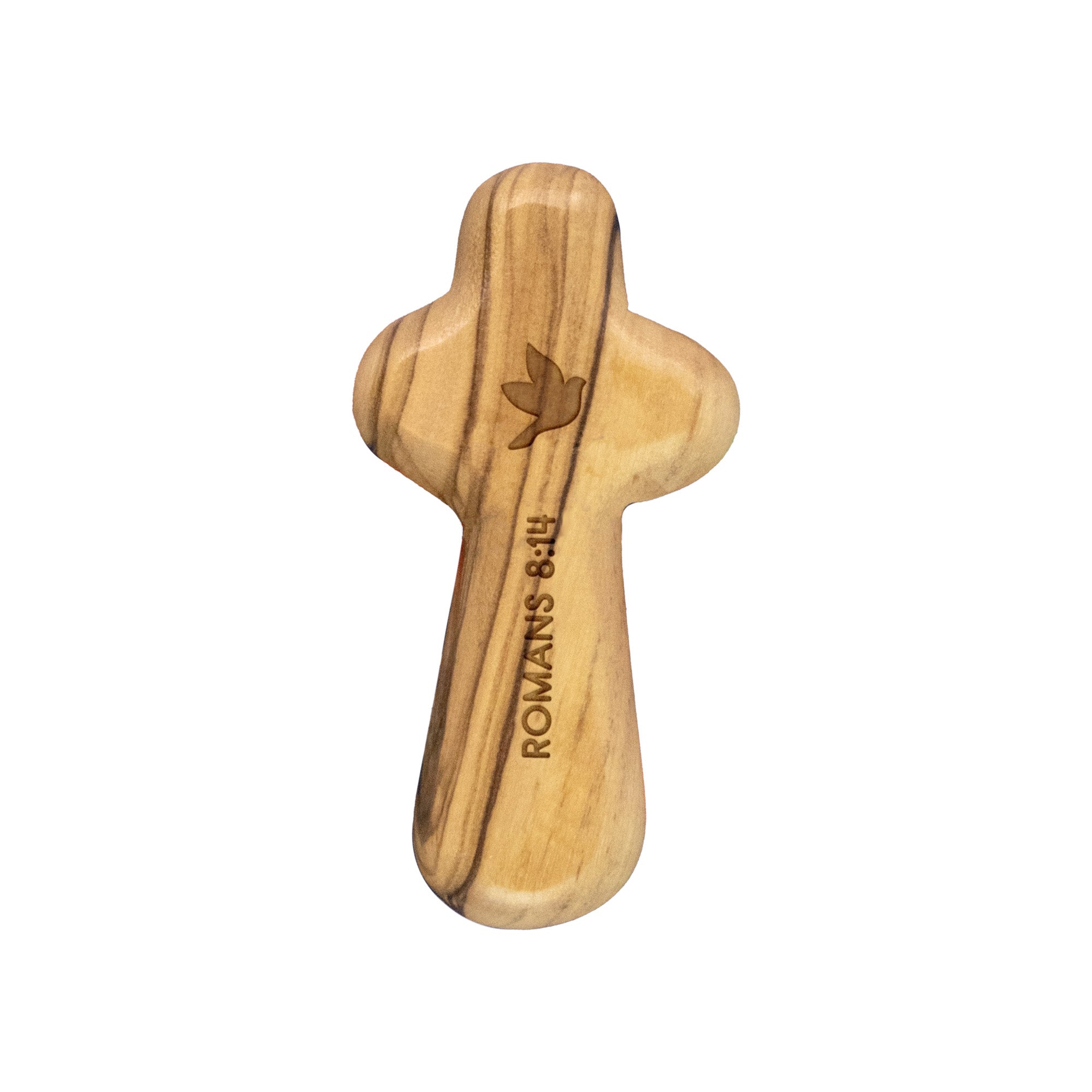Laser Engraved Olive Wood Comfort Cross, Dove, Romans 8:14