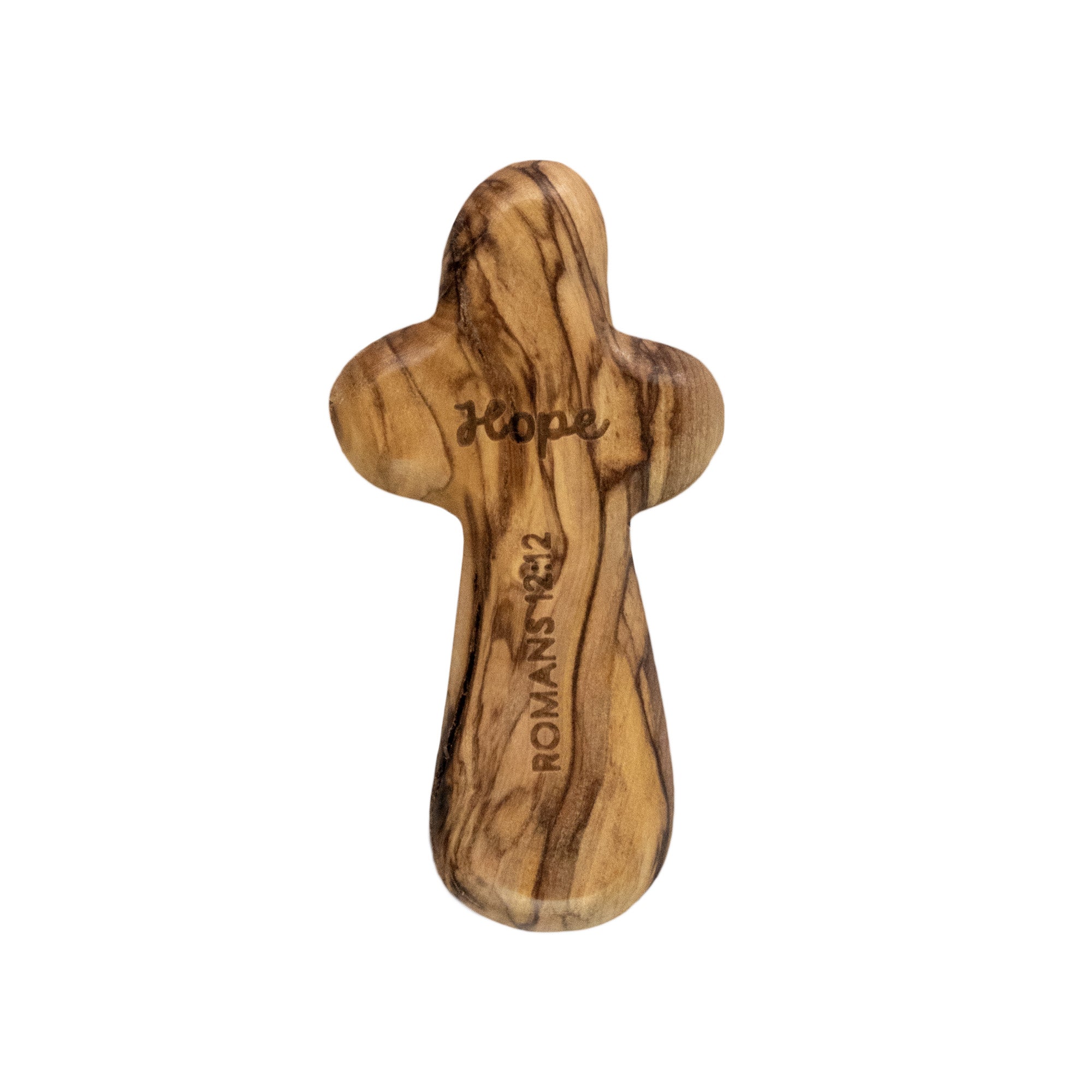 Laser Engraved Olive Wood Comfort Cross, Hope, Romans 12:12