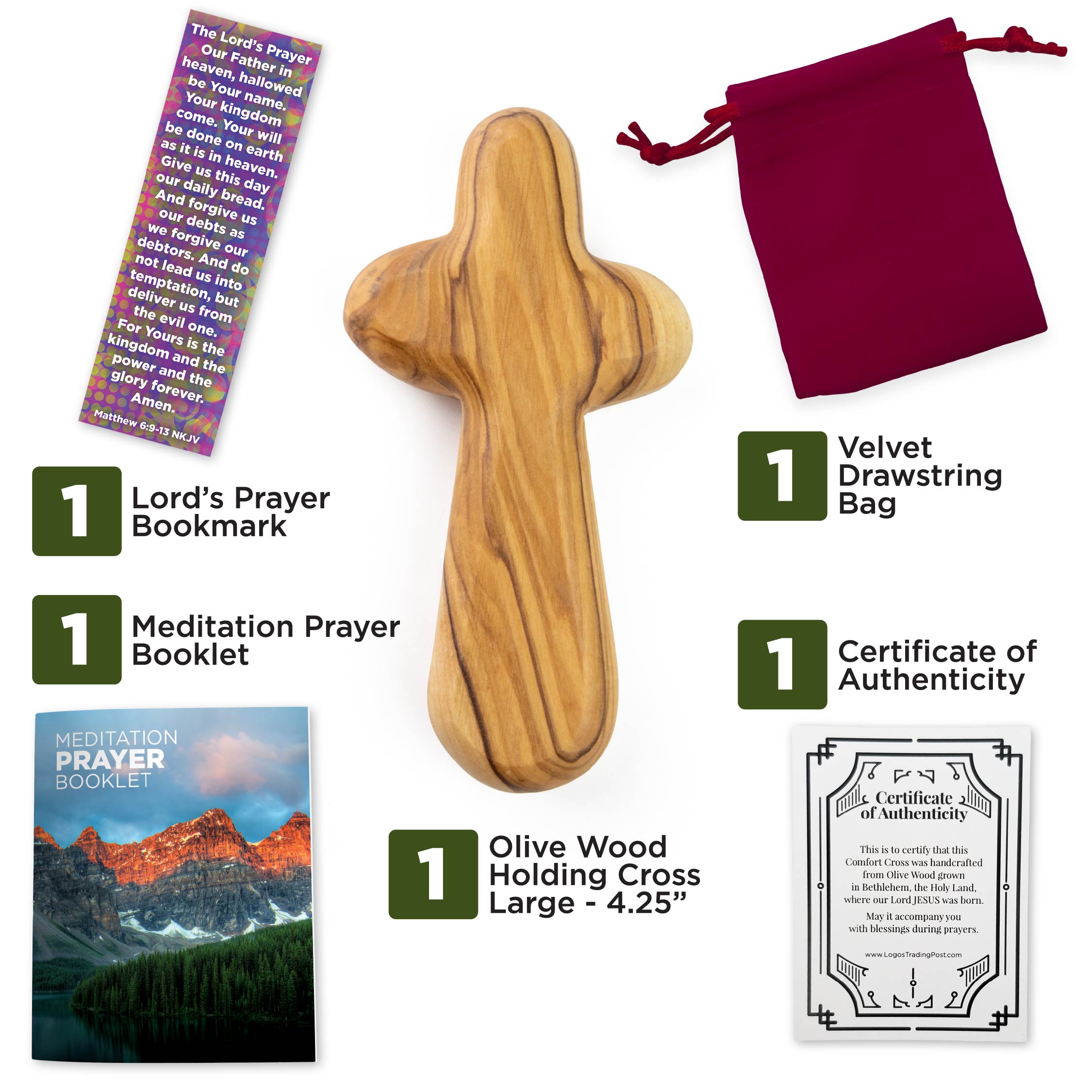 A large olive wood handheld comfort cross, accompanied by a red velvet bag, a 16-page meditation prayer booklet, a Lord's Prayer bookmark and a certificate of authenticity, displayed on a white background.