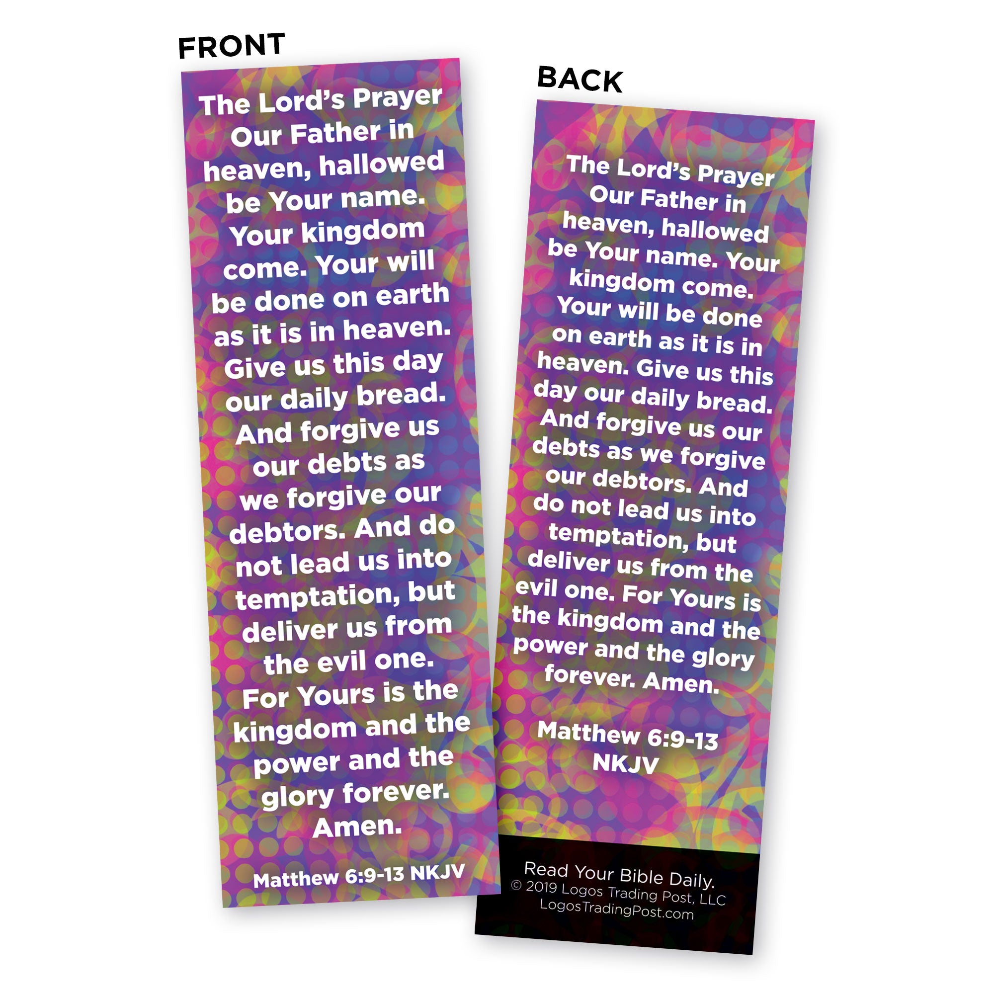 Front and back of the Lord's Prayer bookmark on a white background