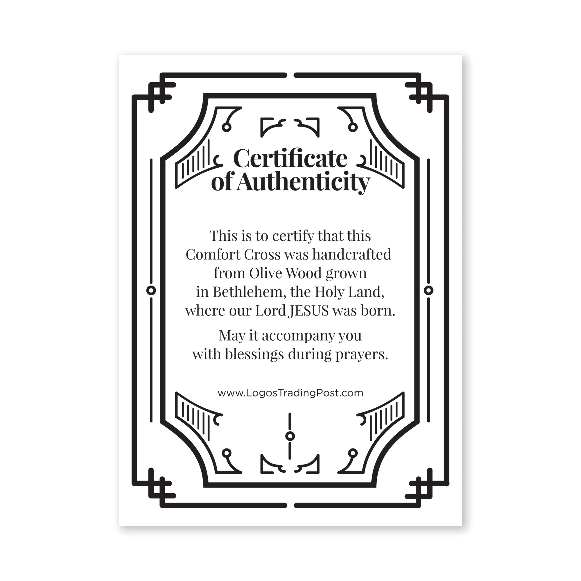 Certificate of Authenticity for a Comfort Cross with text and decorative border.