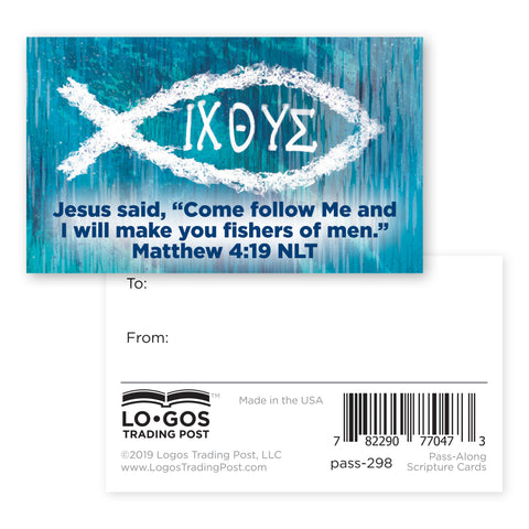 Children and Youth, Pass Along Scripture Cards, Christian Fish, ICHTHUS, Come follow me, Matthew 4:19, Pack of 25