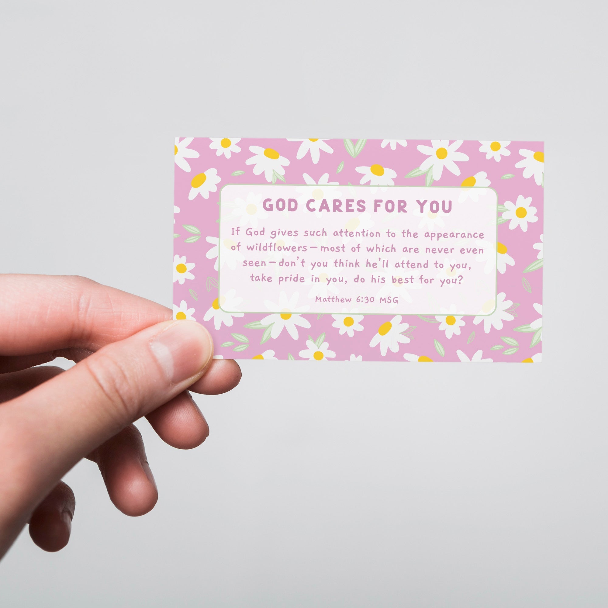 Daisies, God Cares, Matt 6:30, Pass Along Scripture Cards, Pack of 25