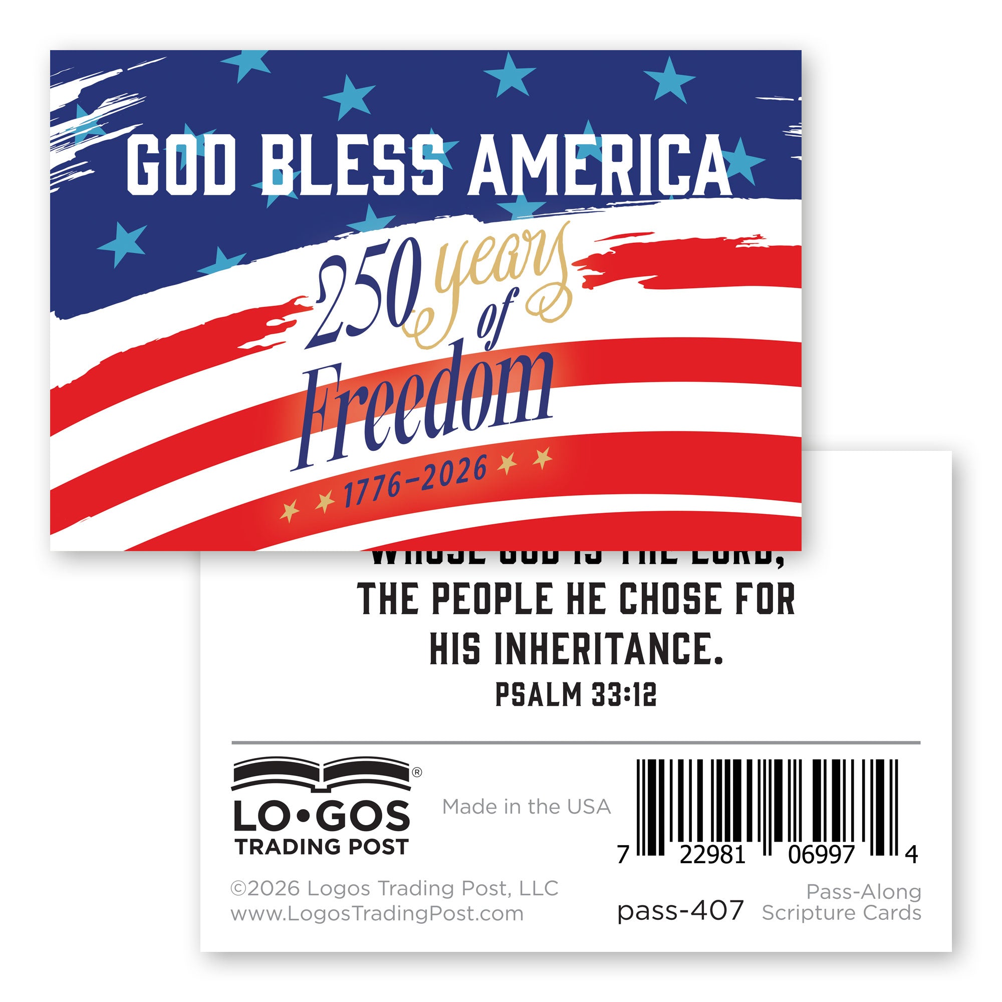 God Bless America - 250 Years of Freedom, Psalm 33:12, Pass Along Scripture Cards, Pack of 25
