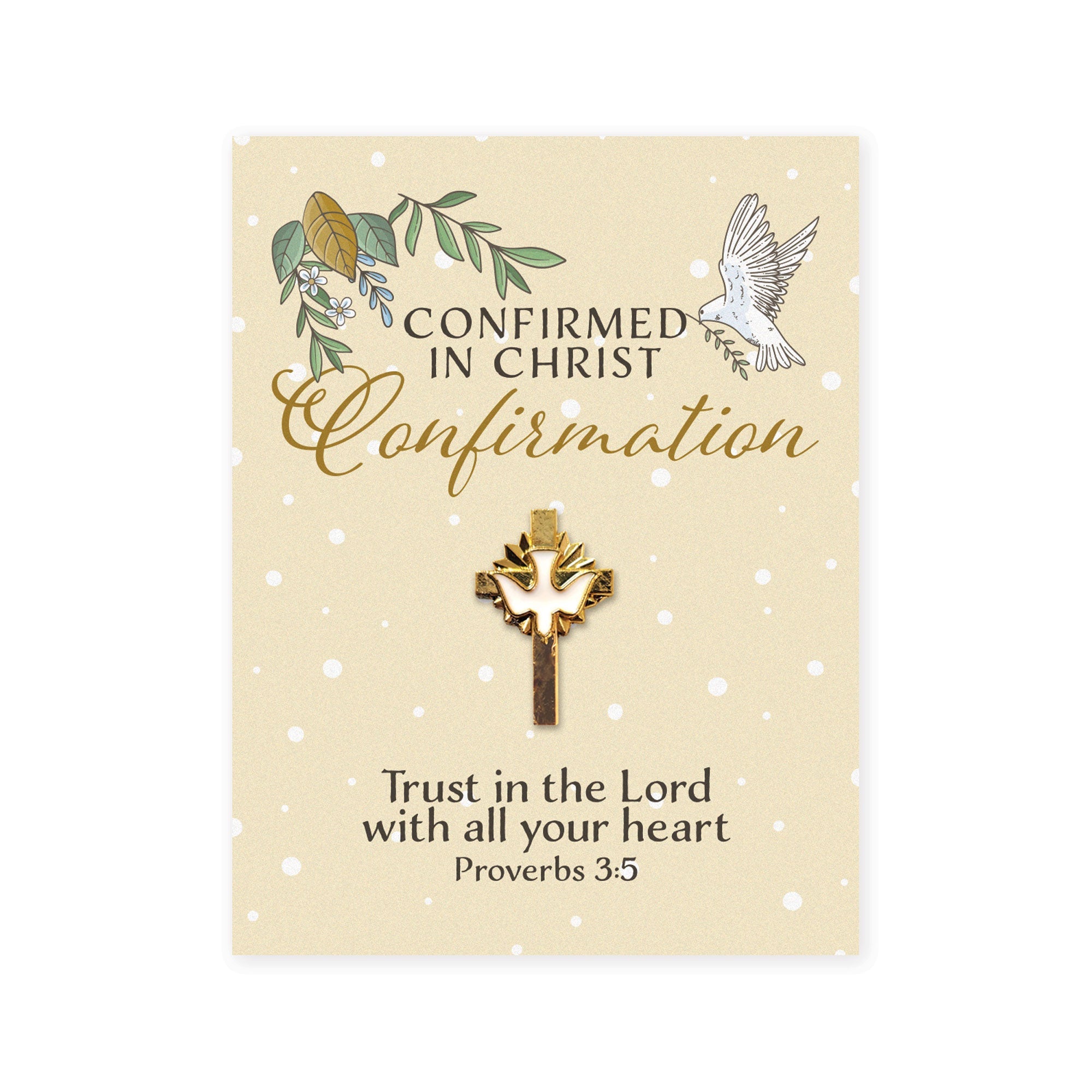 Metal Pin on Card, Confirmation Dove on Cross – Gold with White Enamel