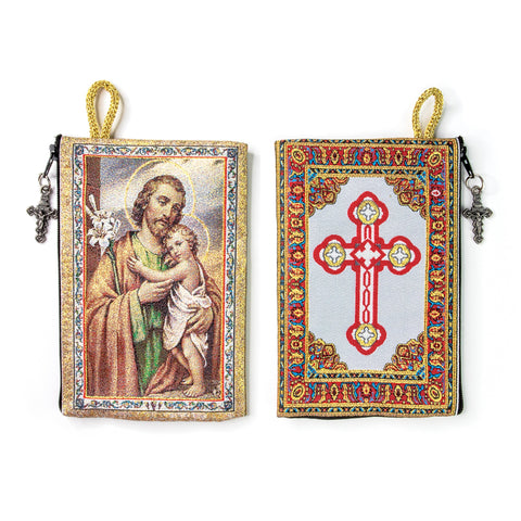 Woven Tapestry Rosary Pouch, Jewelry & Coin Purse - St Joseph and Cross