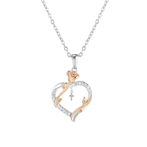 Heart Pendant with CZ Accents and Rose – Cross