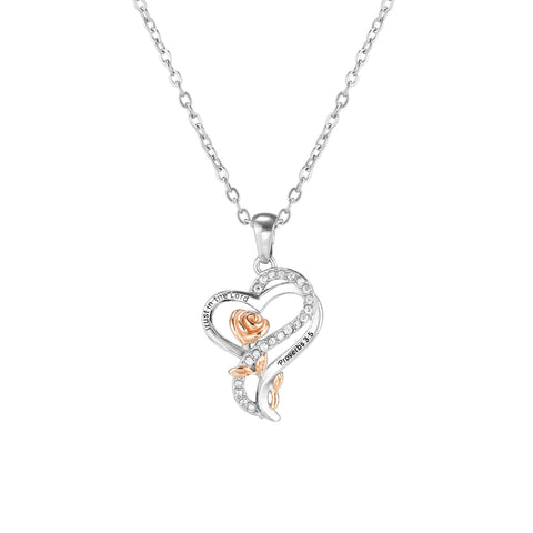 Heart Pendant with CZ Accents and Rose – Trust in the Lord, Prov 3:5