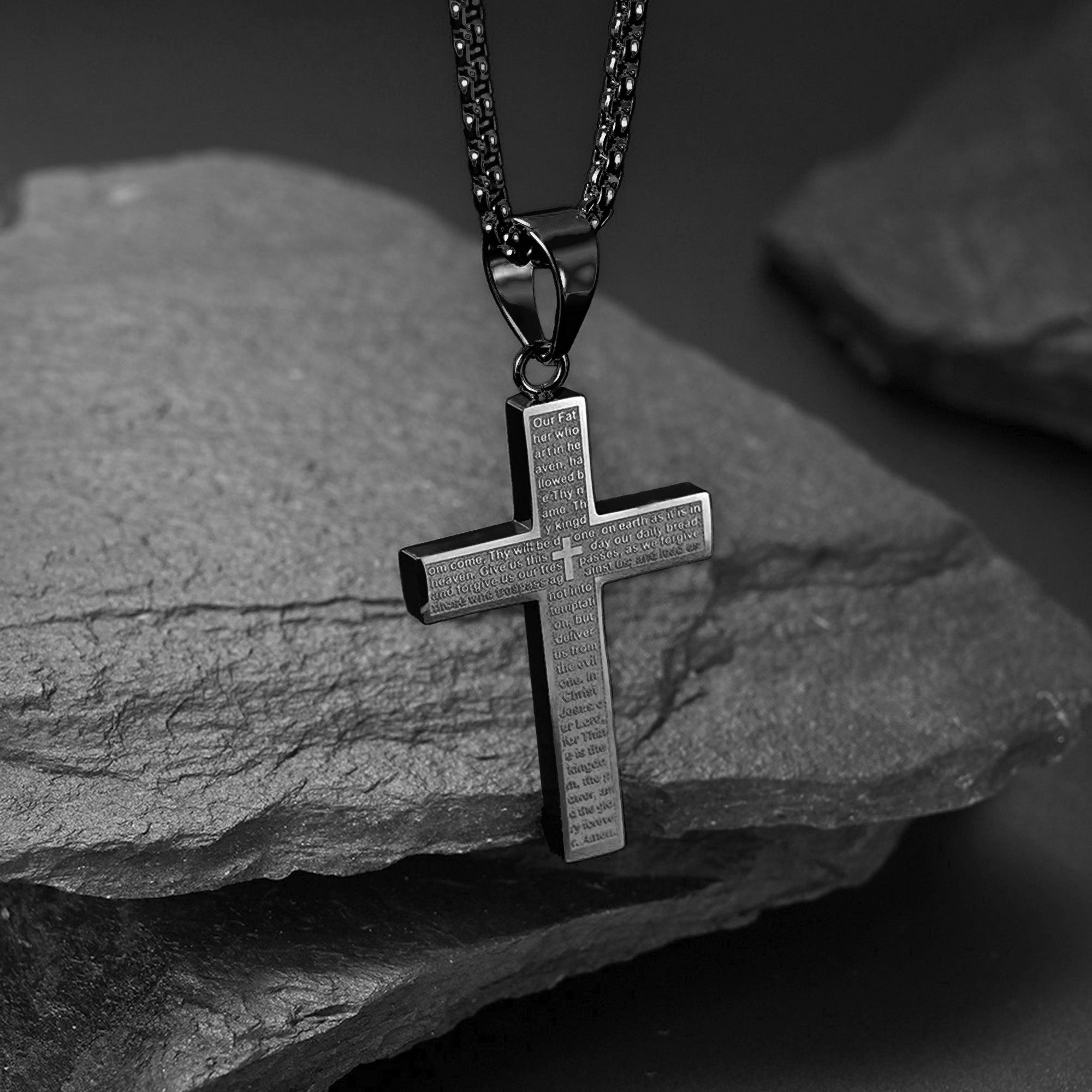 Our Father in Heaven Cross with 24 in Stainless Steel Chain – Black Color