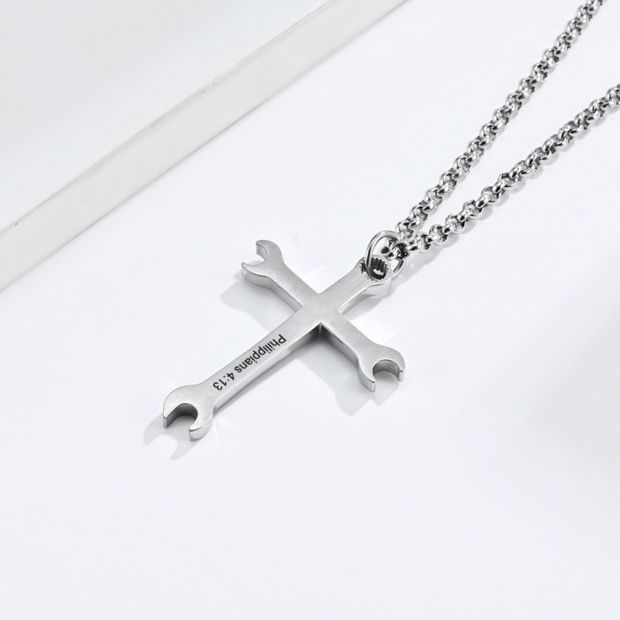I Can Do All Things Wrench Cross with 24 in Stainless Steel Chain – Silver Color