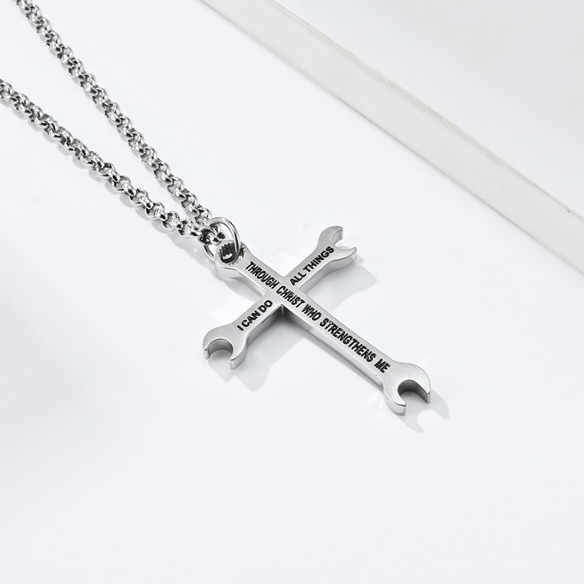 I Can Do All Things Wrench Cross with 24 in Stainless Steel Chain – Silver Color