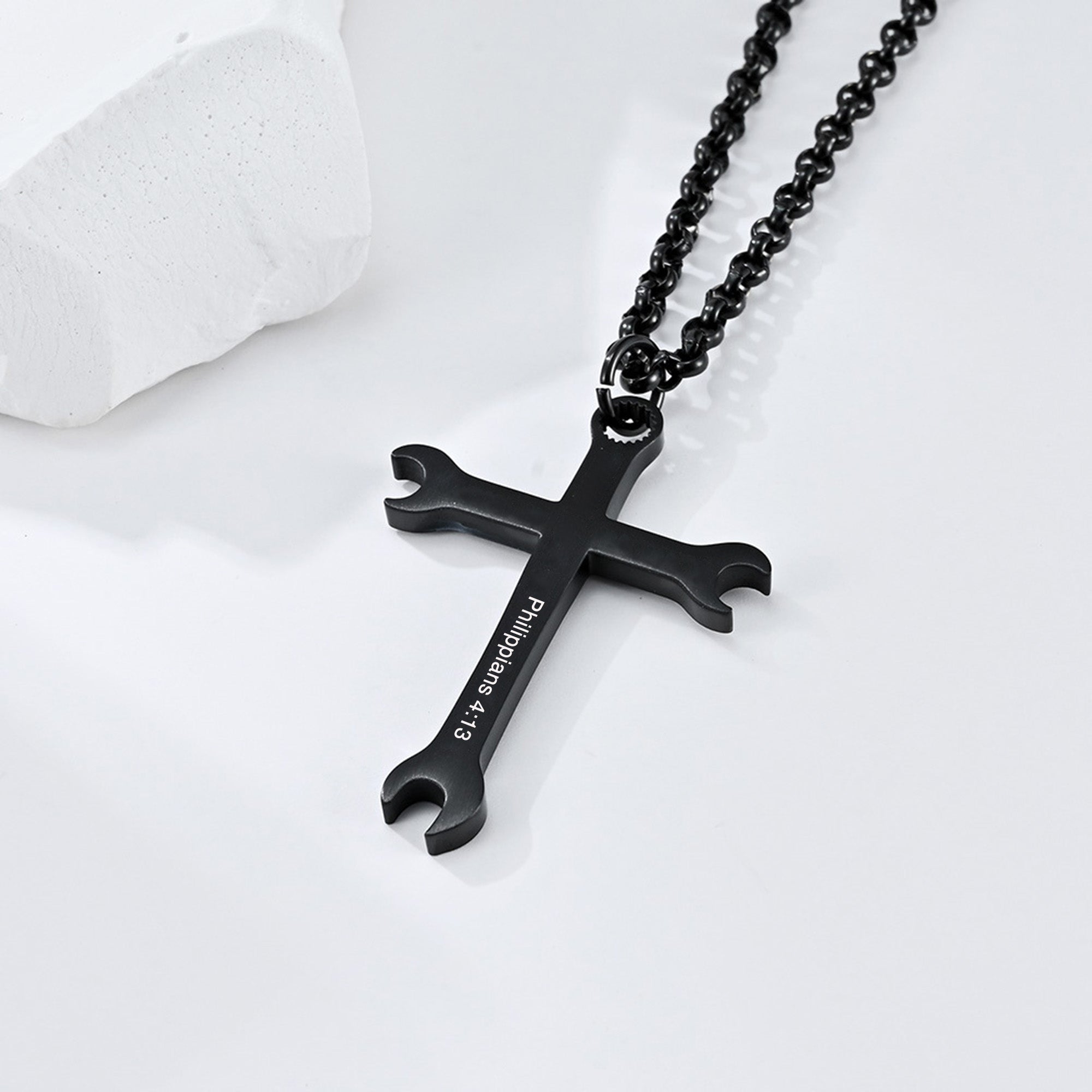 I Can Do All Things Wrench Cross with 24 in Stainless Steel Chain – Black Color