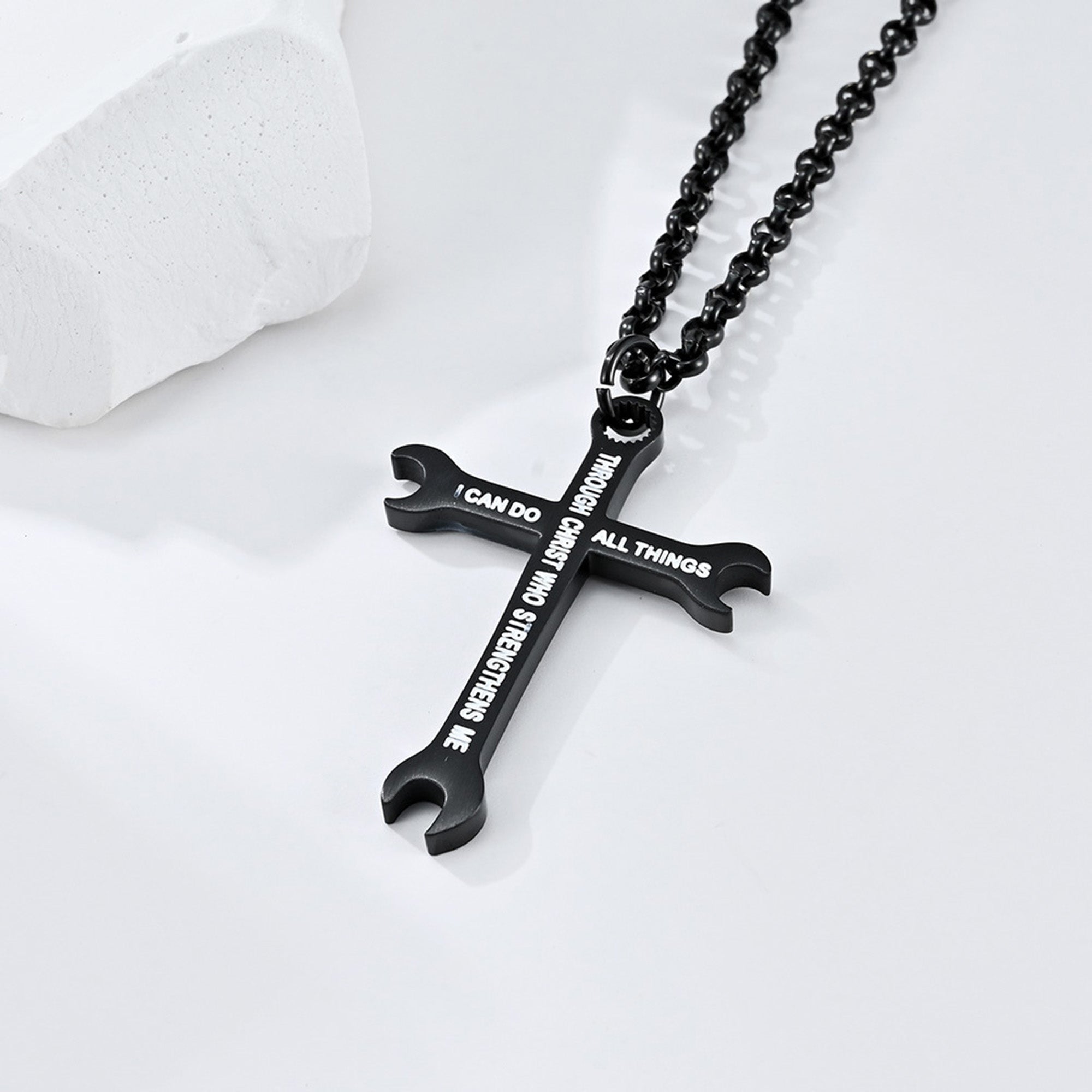 I Can Do All Things Wrench Cross with 24 in Stainless Steel Chain – Black Color