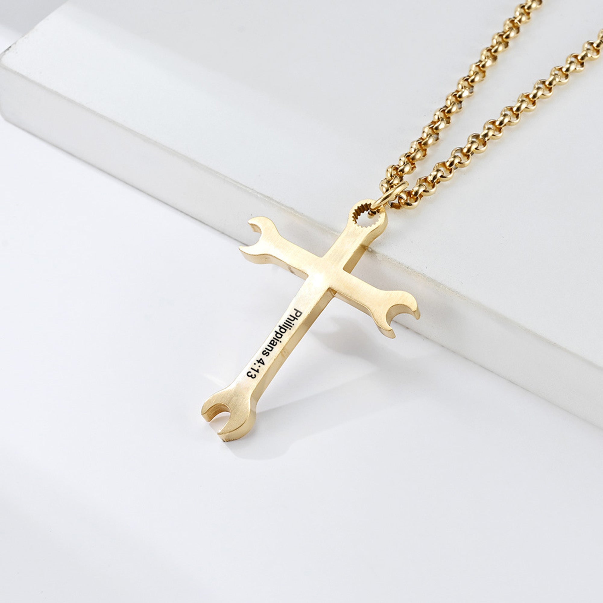 I Can Do All Things Wrench Cross with 24 in Stainless Steel Chain – Gold Color
