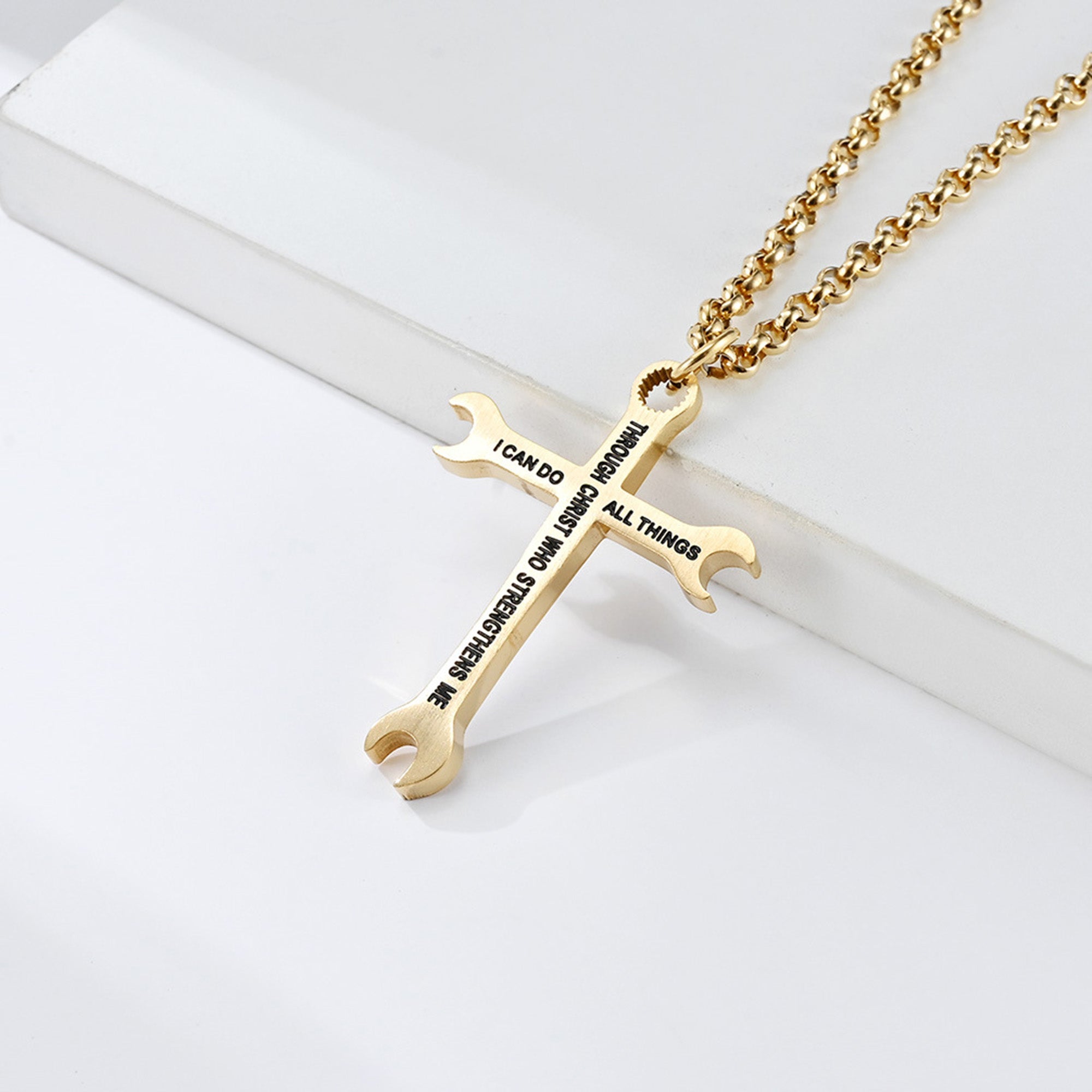 I Can Do All Things Wrench Cross with 24 in Stainless Steel Chain – Gold Color