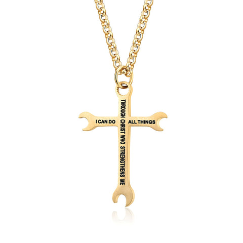 I Can Do All Things Wrench Cross with 24 in Stainless Steel Chain – Gold Color