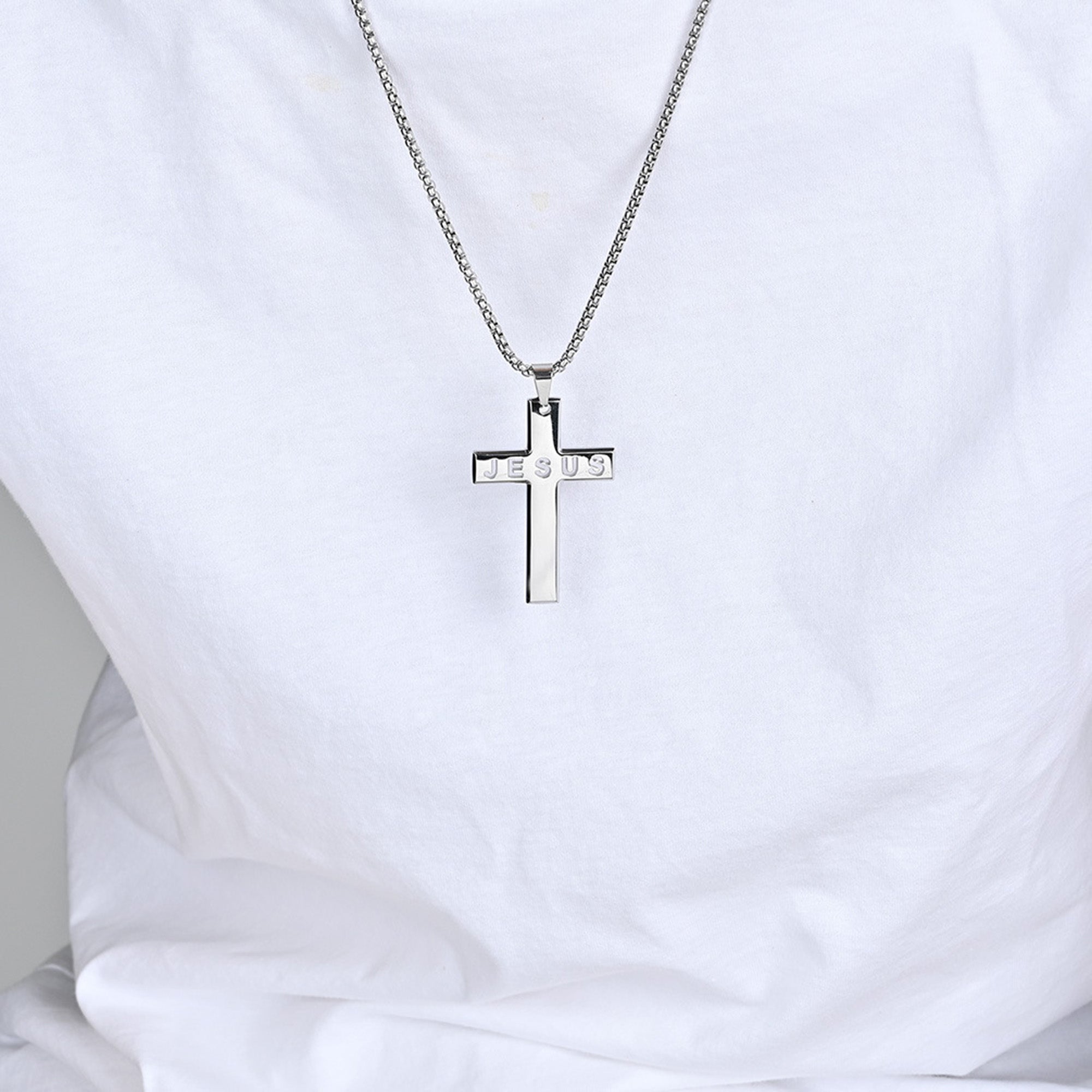 Jesus Cross with 24 in Stainless Steel Chain – Silver Color