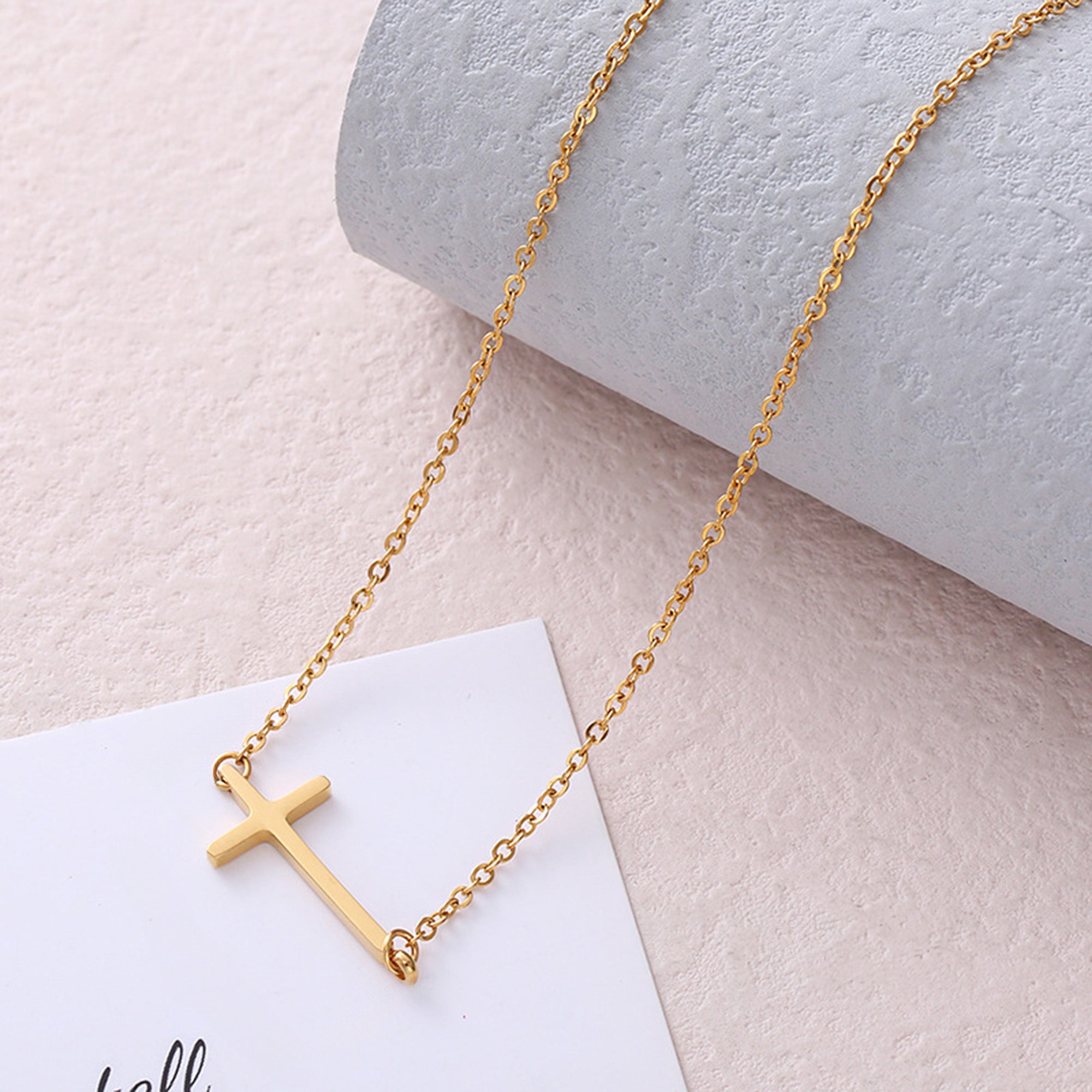 Stainless Steel Inline Cross Necklace – Gold Color