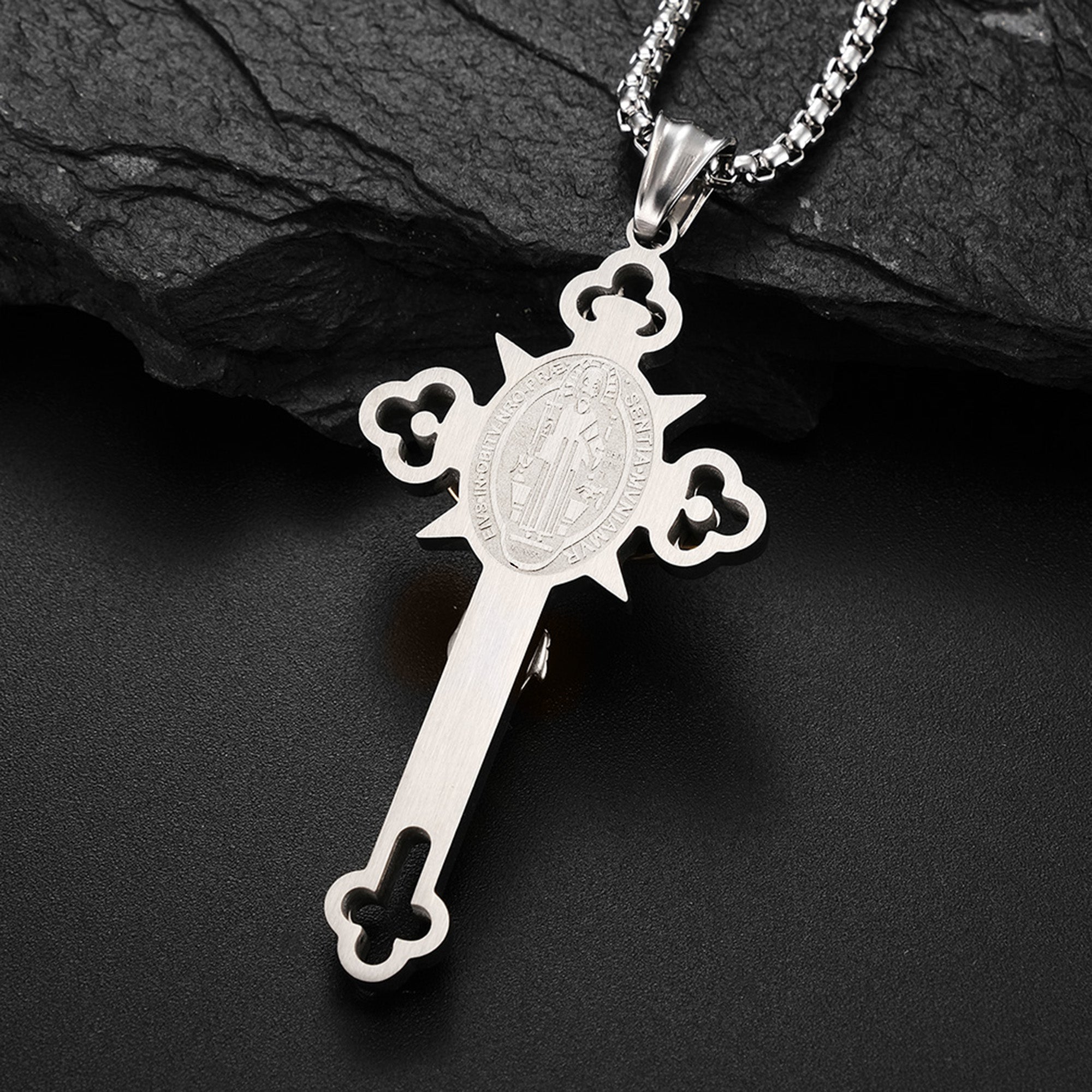 St Benedict Crucifix with 24 in Stainless Steel Chain – Silver Color