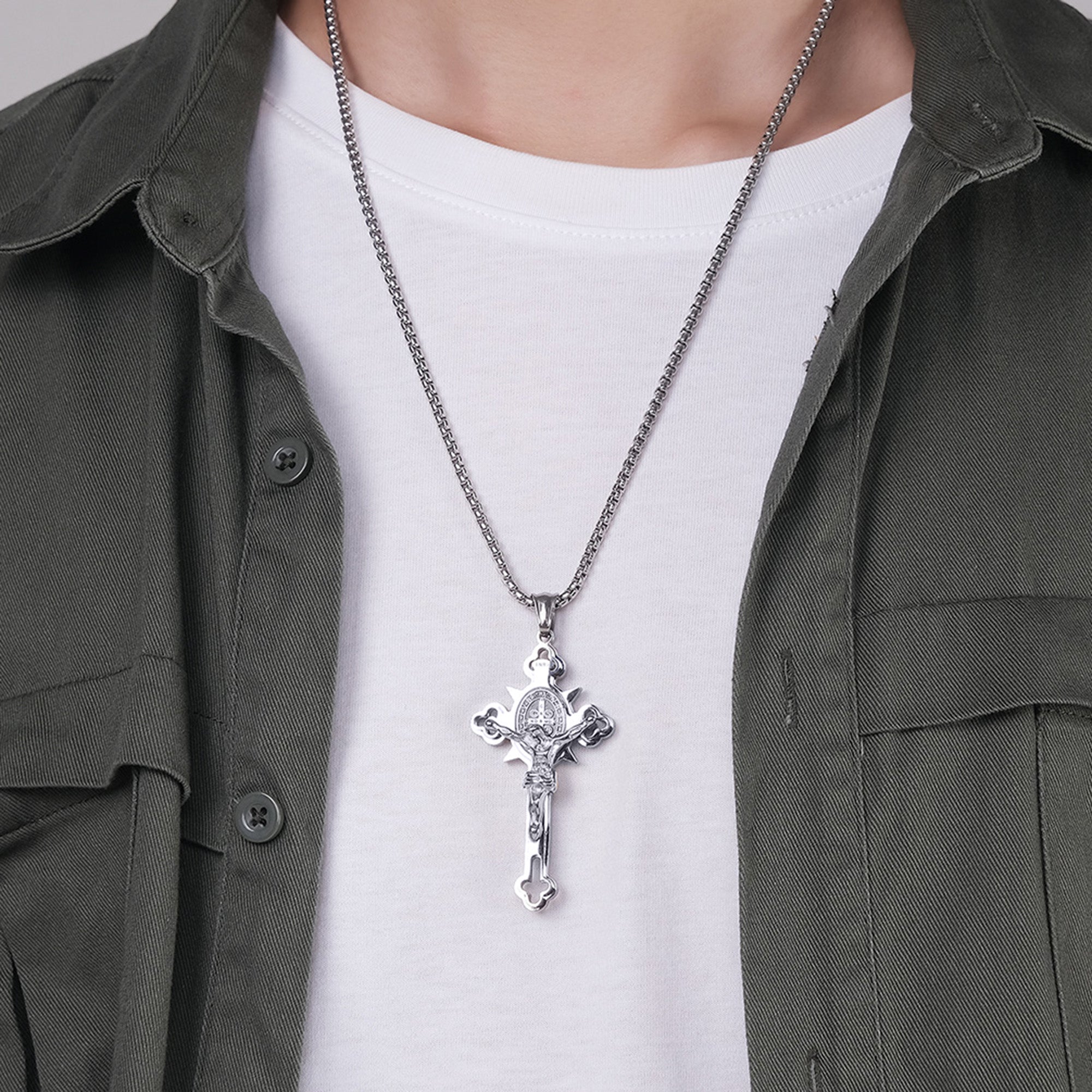 St Benedict Crucifix with 24 in Stainless Steel Chain – Silver Color
