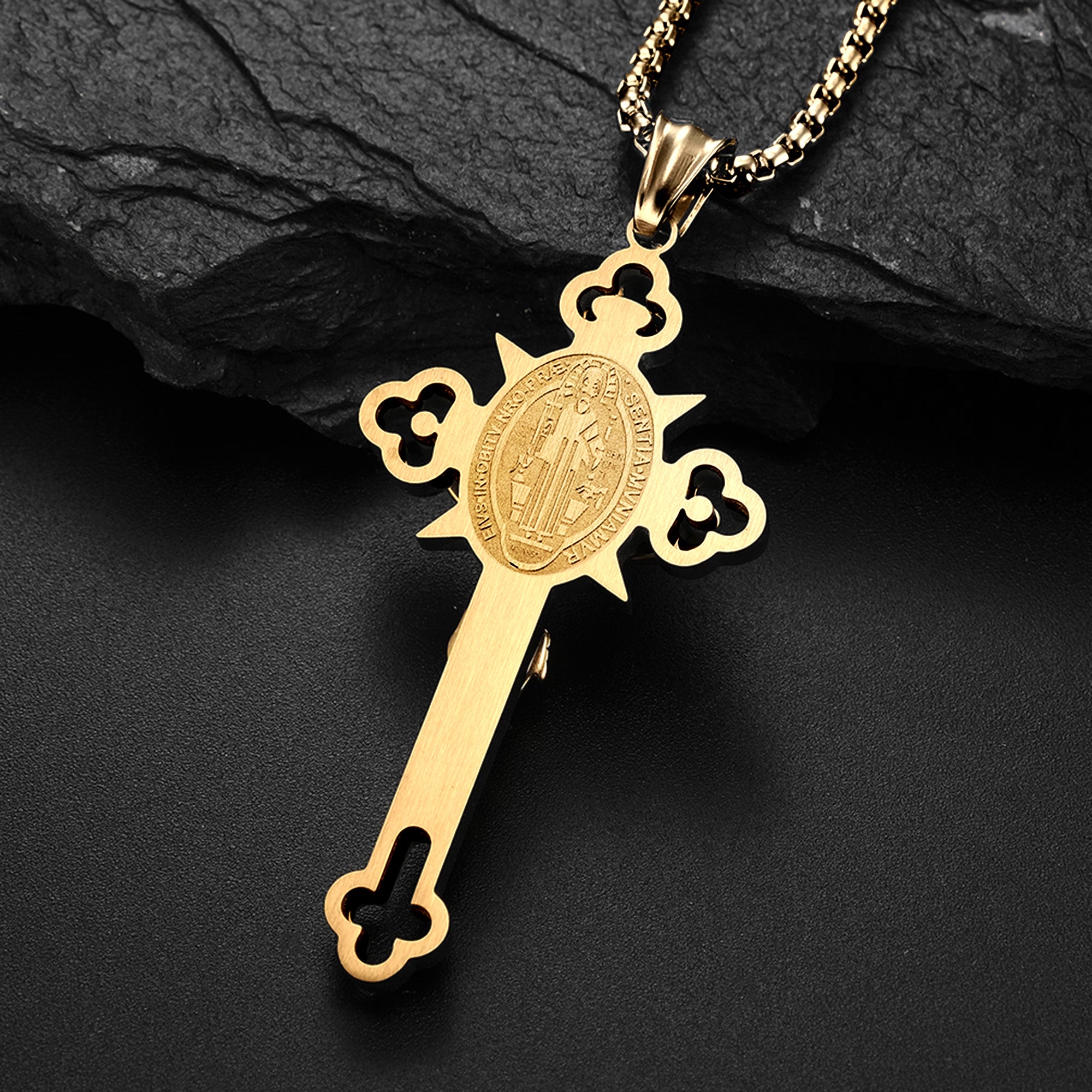 St Benedict Crucifix with 24 in Stainless Steel Chain – Gold Color