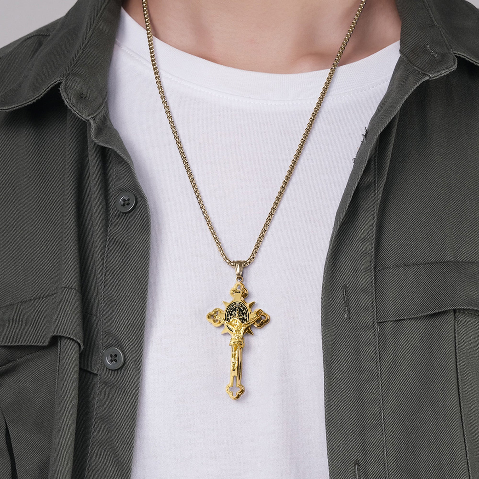 St Benedict Crucifix with 24 in Stainless Steel Chain – Gold Color