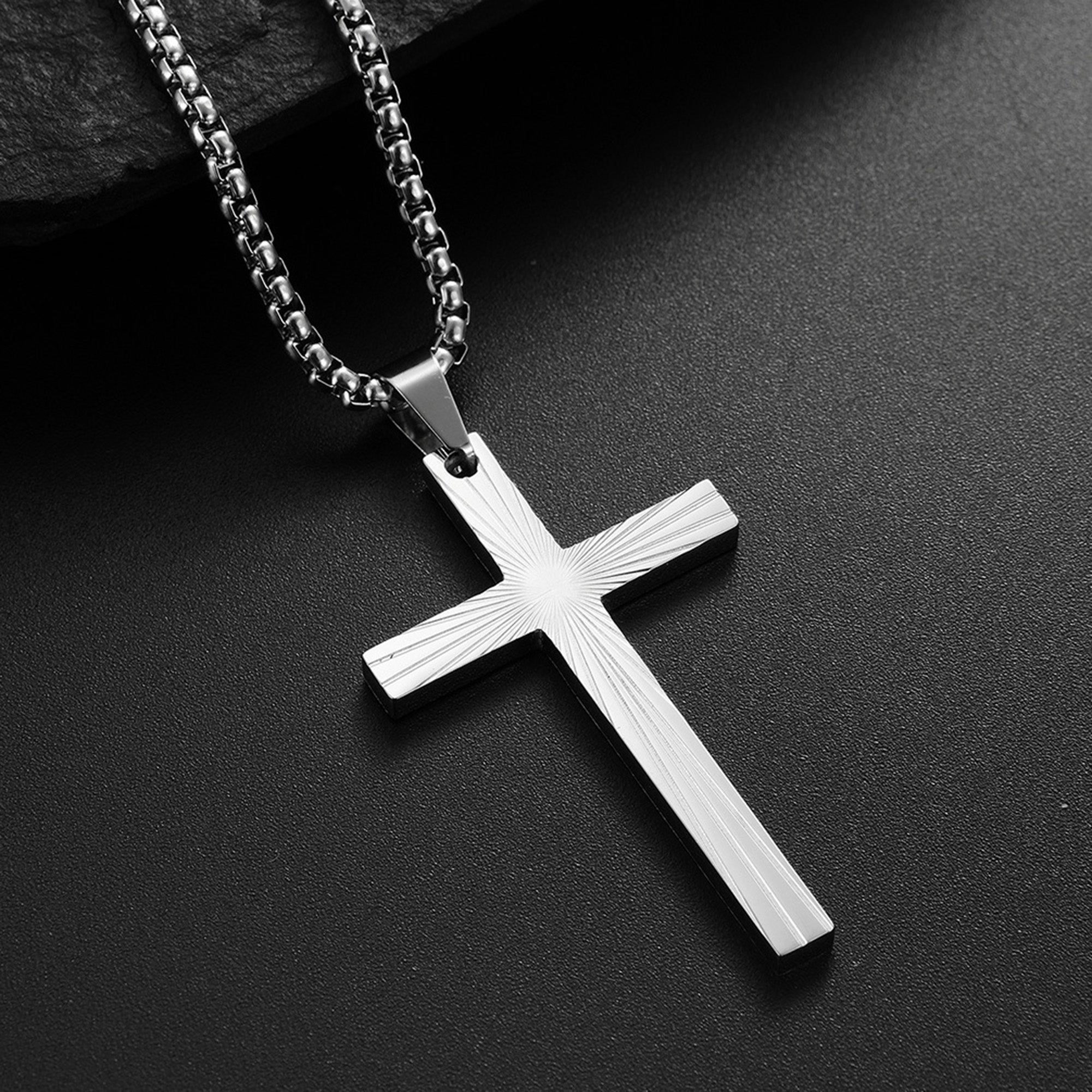 Sunburst Cross with 24 in Stainless Steel Chain – Silver Color