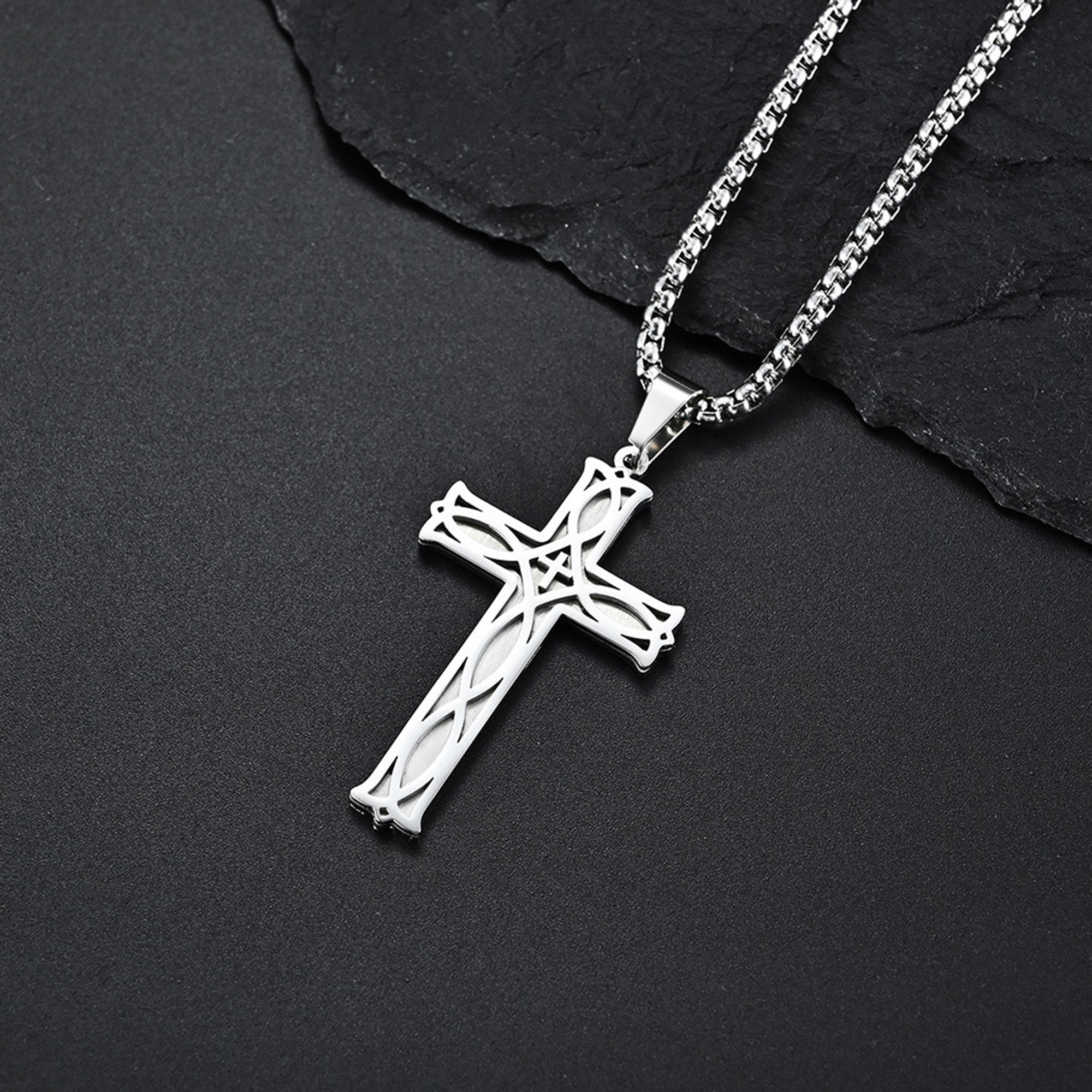 ICHTHUS Cross with 24 in Stainless Steel Chain – Silver Color