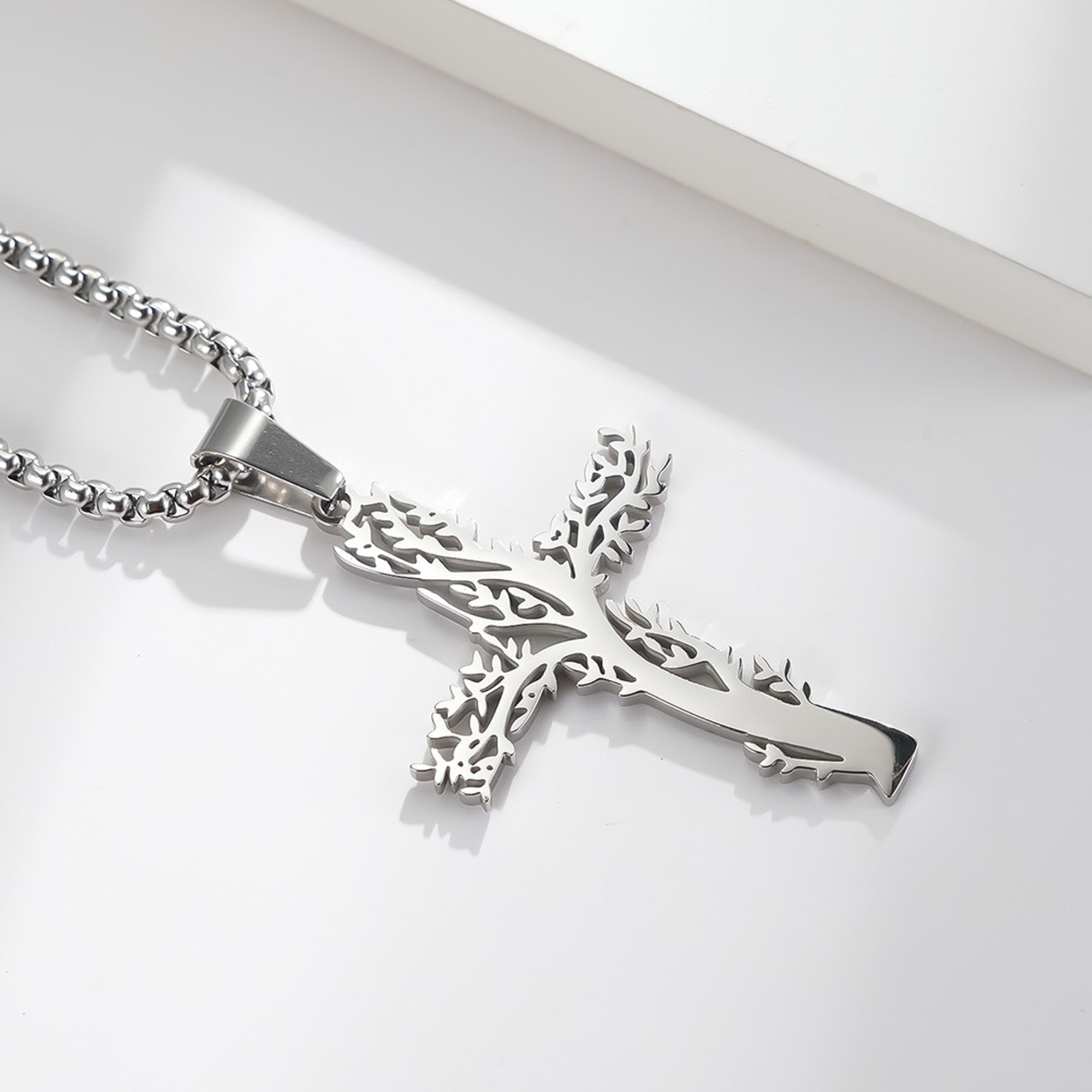 Tree Cross with 24 in Stainless Steel Chain – Silver Color