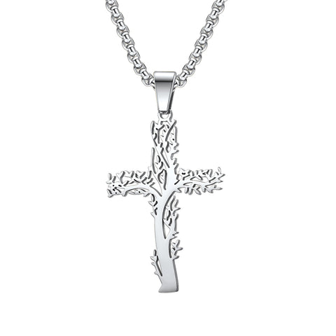 Tree Cross with 24 in Stainless Steel Chain – Silver Color