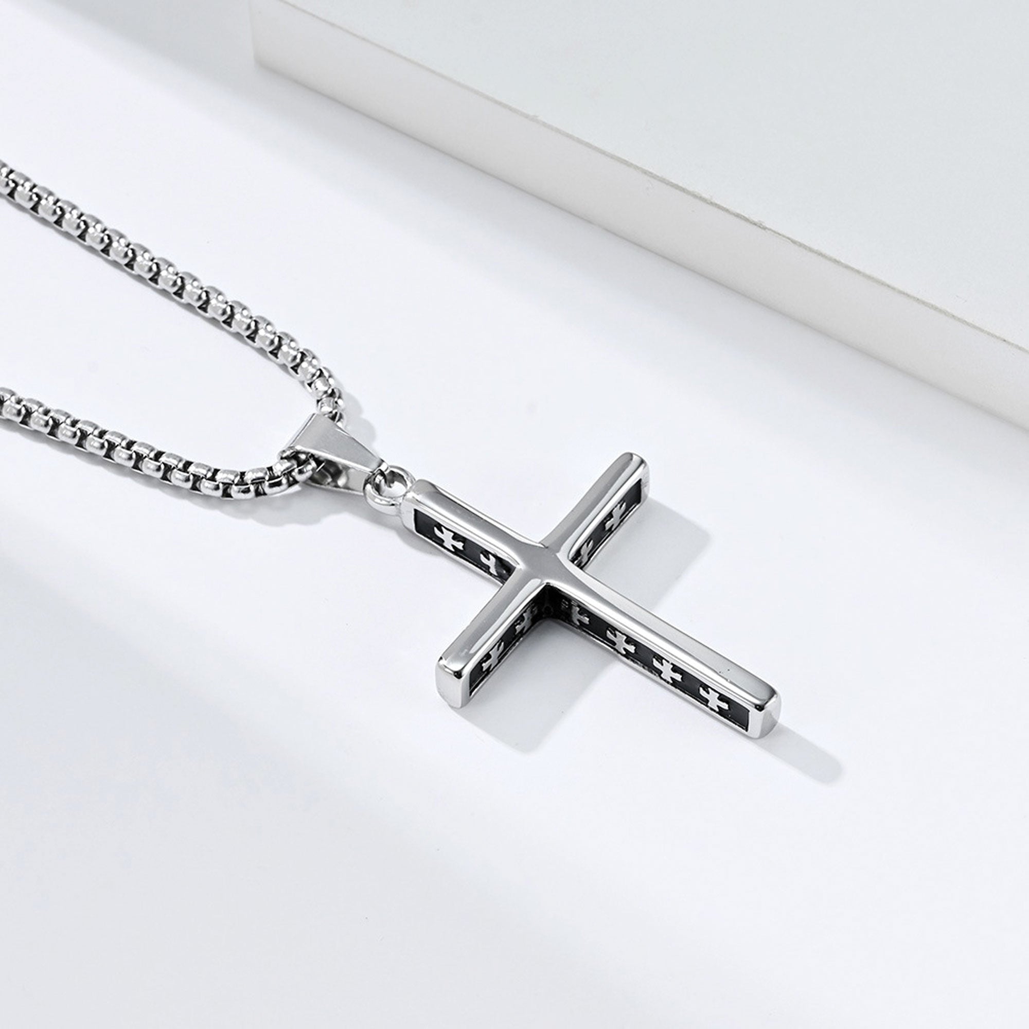 Simple Cross with Side Crosses with 24 in Stainless Steel Chain – Silver Color