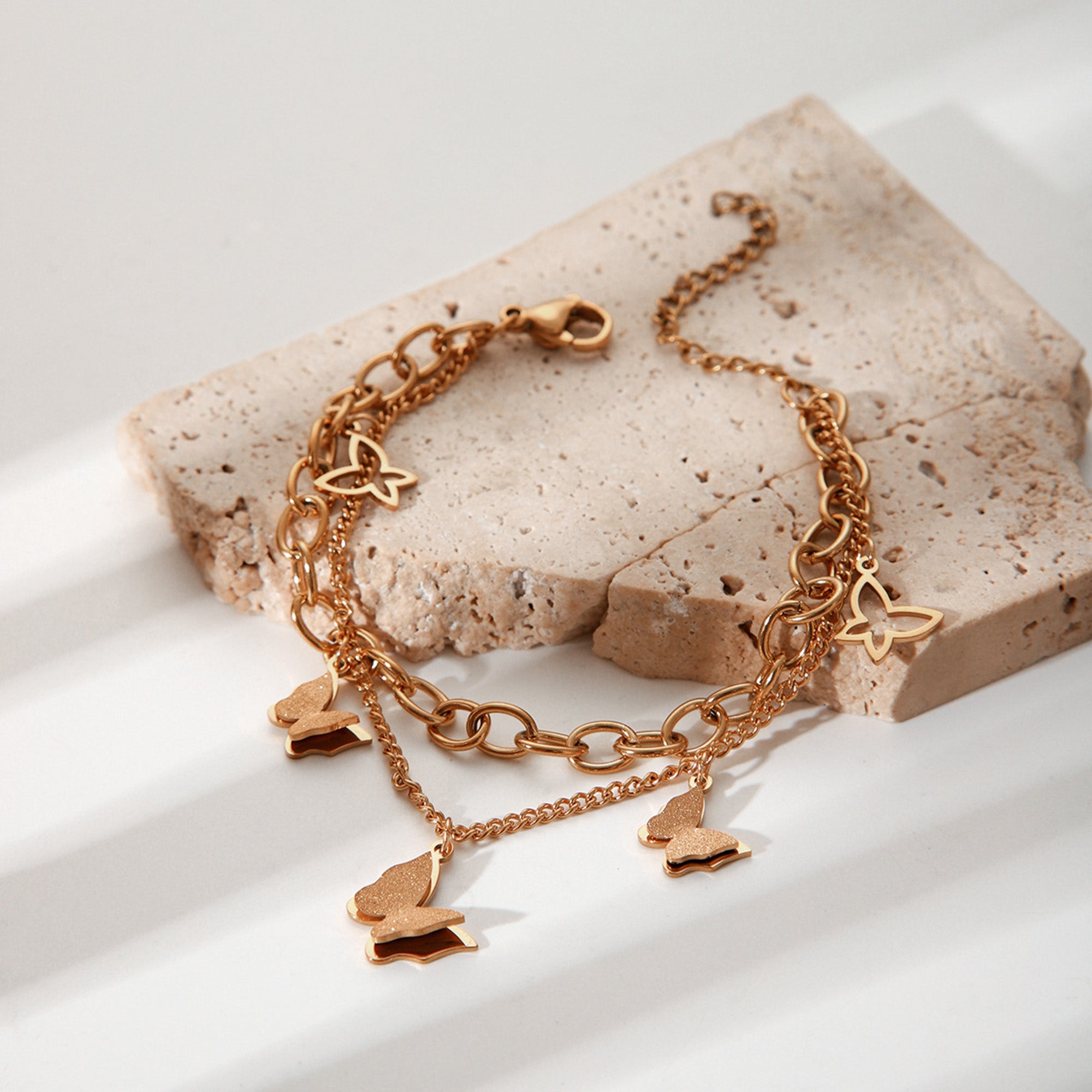 3D Butterflies Layered Chain Bracelet – Rose Gold Colored