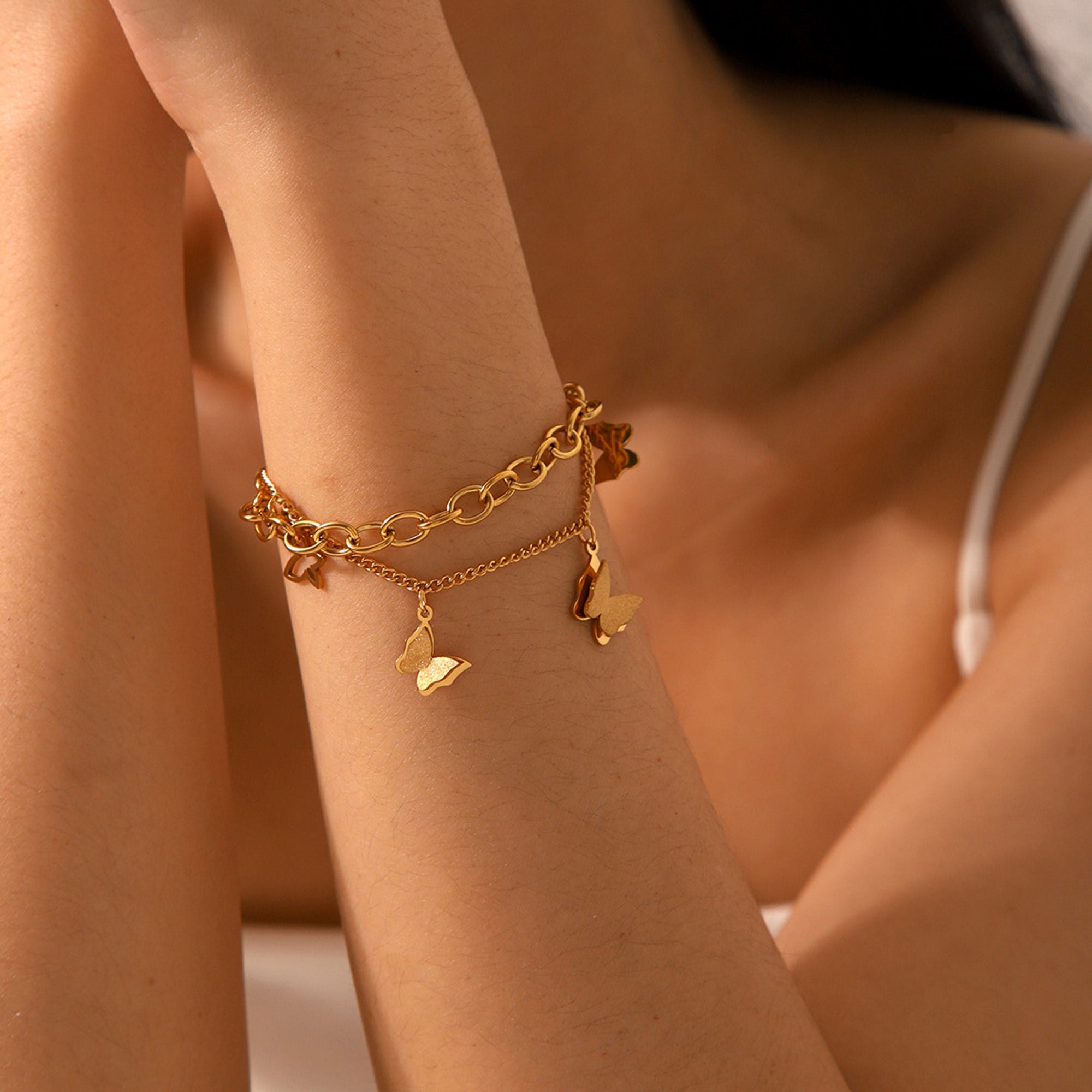 3D Butterflies Layered Chain Bracelet – Rose Gold Colored