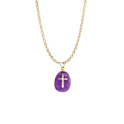 Natural Stone Cross Pendant - Purple