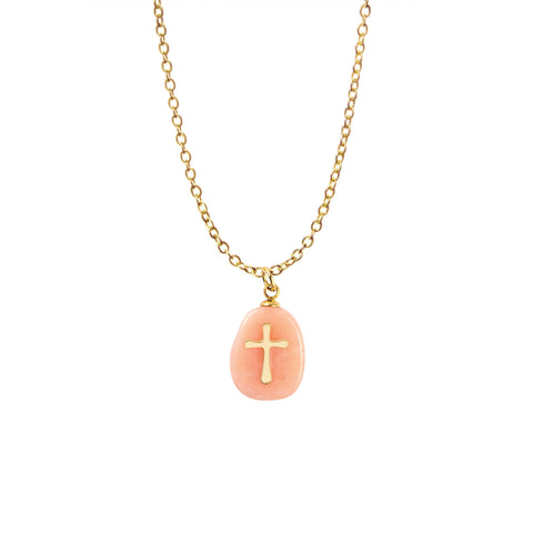 Natural Stone Cross Pendant - Pink