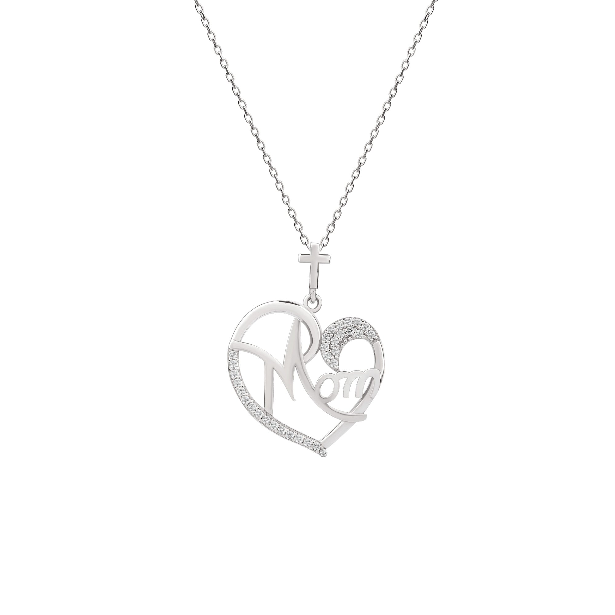 Mom Swirl Heart with Cubic Zirconia Accents and Cross Sterling Silver Pendant