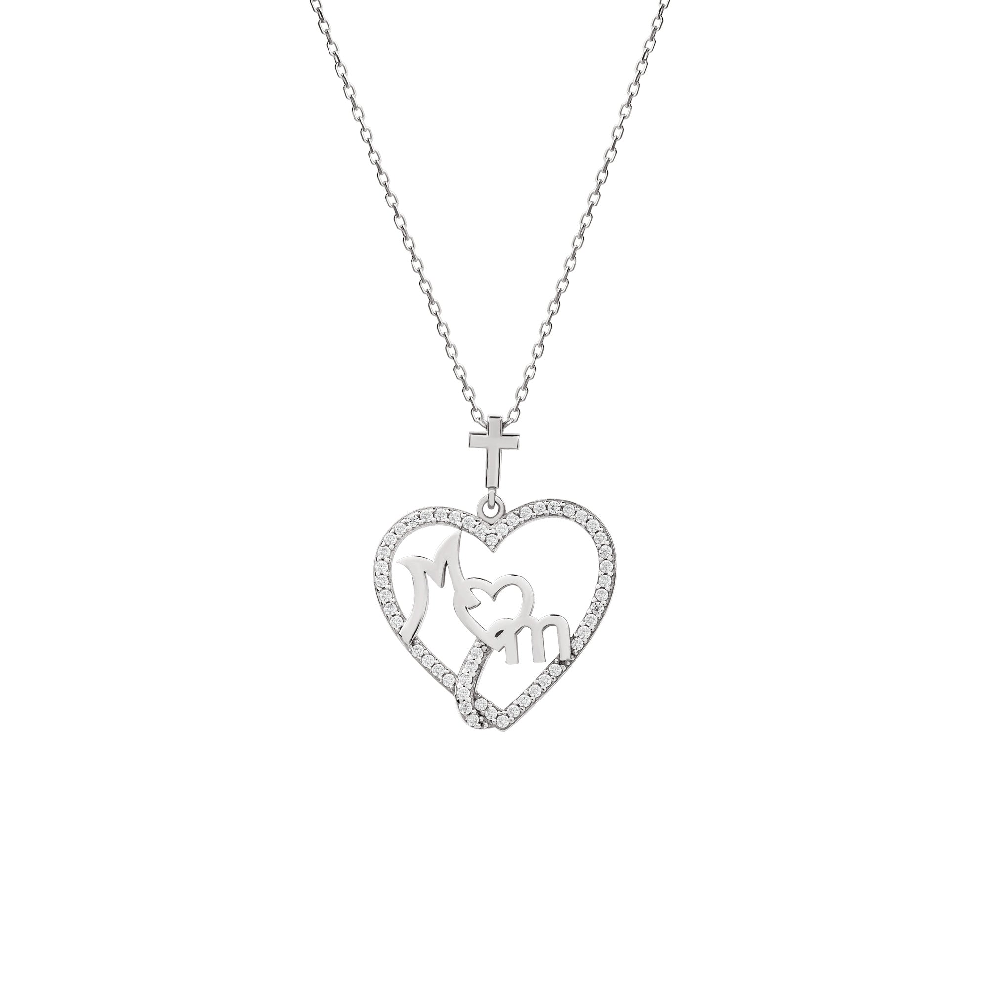 Mom Outline Heart with Cubic Zirconia Accents and Cross Sterling Silver Pendant