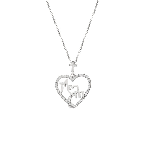 Mom Outline Heart with Cubic Zirconia Accents and Cross Sterling Silver Pendant