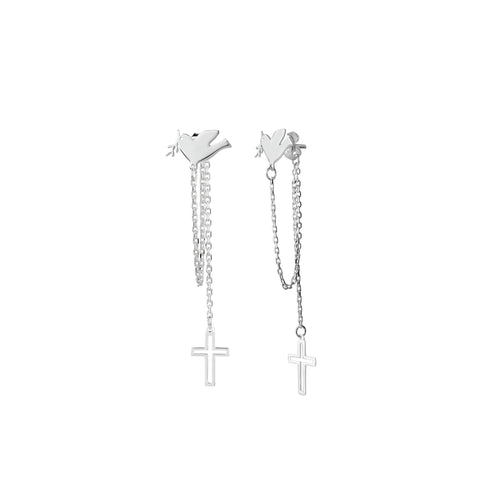 Sterling Silver Chain Earrings, Solid Dove with Dangling Open Cross