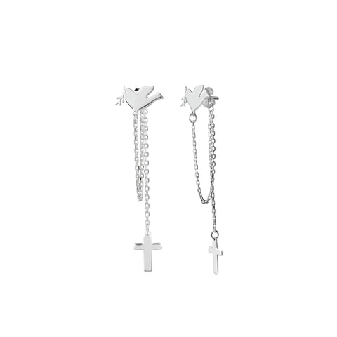 Sterling Silver Chain Earrings, Solid Dove with Dangling Solid Cross