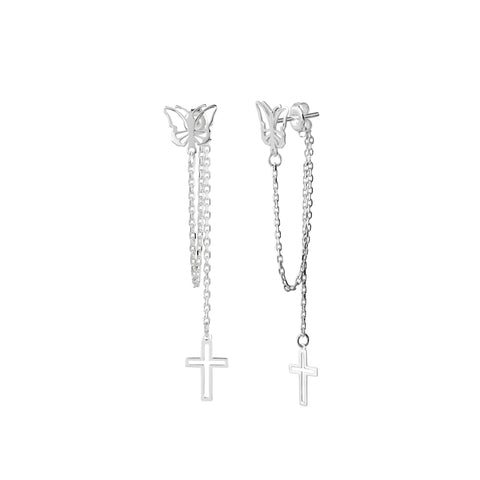 Sterling Silver Chain Earrings, Open Butterfly with Dangling Open Cross