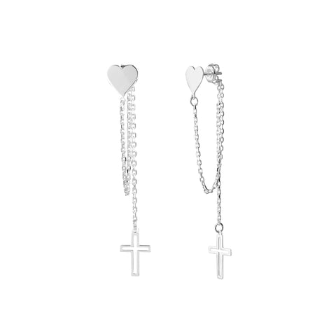 Sterling Silver Chain Earrings, Solid Heart with Dangling Open Cross