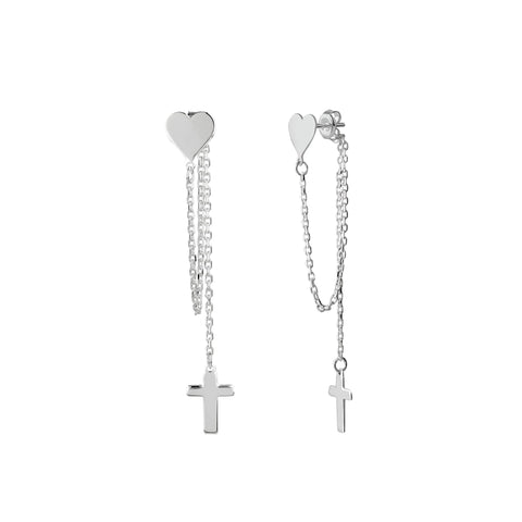 Sterling Silver Chain Earrings, Solid Heart with Dangling Solid Cross