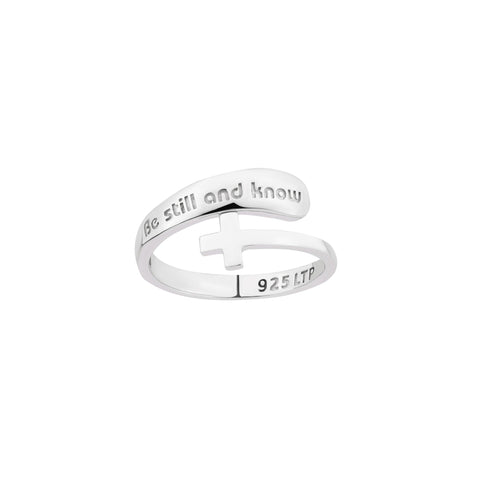 Sterling Silver Cross Wrap Ring - Be Still and Know, One Size Fits Most
